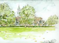 Watercolour painting by Stephen Bennett of Holy Trinity Church in situ on Clapham Common in summer
