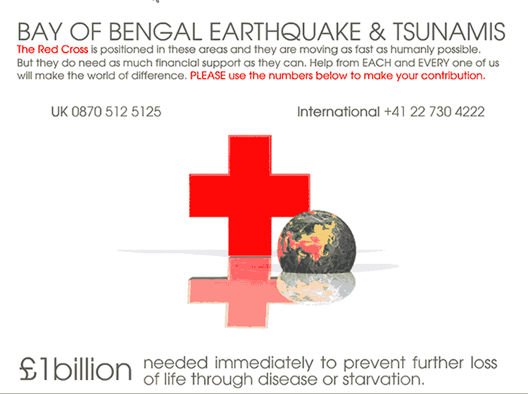 The Red Cross Tsunami Appeal. Please donate by ringing (UK) 0870 512 5125 or (International) +41 730 4222. You can click this image to go to their website and donate online as well.