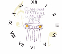 Sample image of clock face with roman numerals and Clapham Festival of Music and the Arts TM